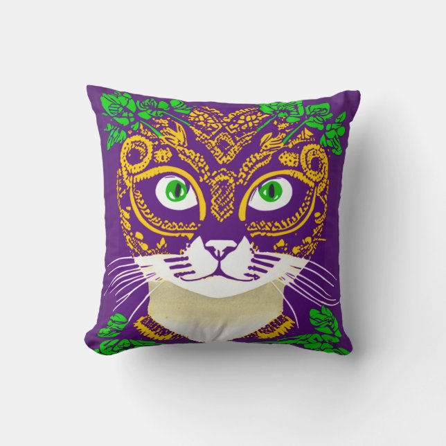 Cute Cat Wearing a Mardi Gras Mask Cushion (Front)