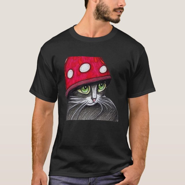 Cute Cat Wearing A Mushroom Hat T-Shirt (Front)