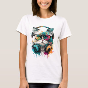 Cute Cat Wearing Glasses & Headset T-Shirt