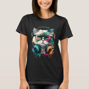 Cute Cat Wearing Glasses & Headset T-Shirt