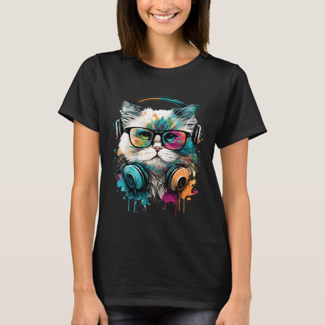 Cute Cat Wearing Glasses & Headset T-Shirt (Front)