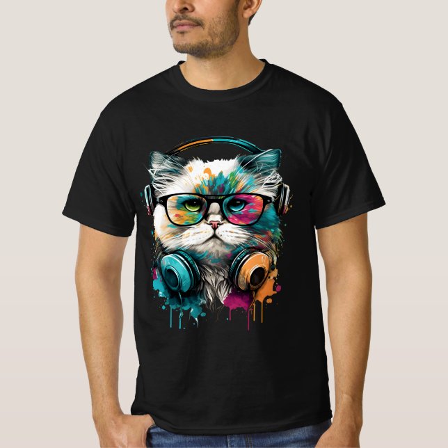 Cute Cat Wearing Glasses & Headset T-Shirt (Front)