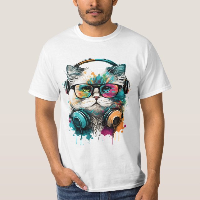 Cute Cat Wearing Glasses & Headset T-Shirt (Front)