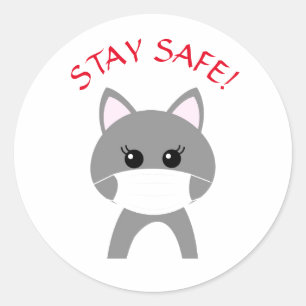 CUTE CAT WEARING MASK STAY SAFE Round Sticker