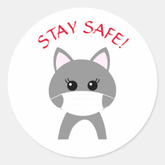 CUTE CAT WEARING MASK STAY SAFE Round Sticker