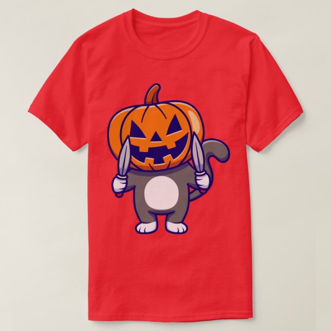 Cute Cat Wearing Pumpkin Halloween with Knife Cart T-Shirt (Design Front)