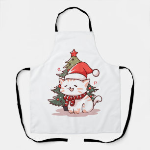 Cute cat wearing Santa hat near Christmas tree Apron