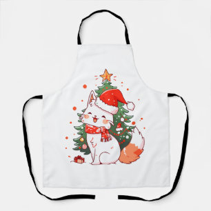 Cute cat wearing Santa hat near Christmas tree Apron