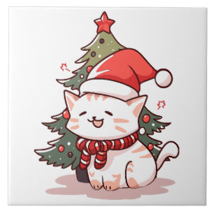 Cute cat wearing Santa hat near Christmas tree Ceramic Tile