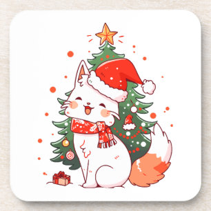 Cute cat wearing Santa hat near Christmas tree Coaster