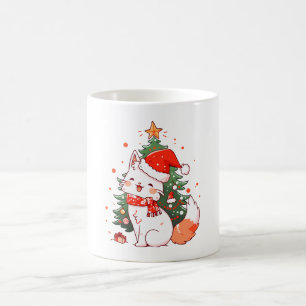 Cute cat wearing Santa hat near Christmas tree Coffee Mug