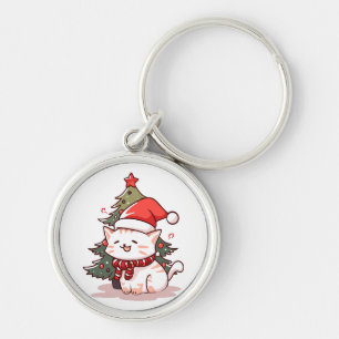 Cute cat wearing Santa hat near Christmas tree Key Ring