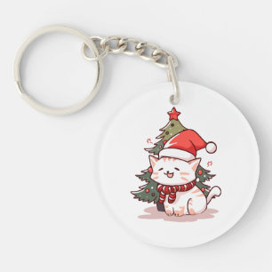 Cute cat wearing Santa hat near Christmas tree Key Ring