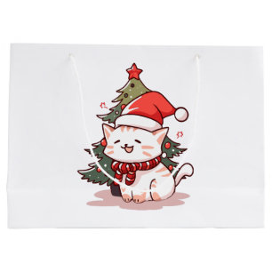 Cute cat wearing Santa hat near Christmas tree Large Gift Bag