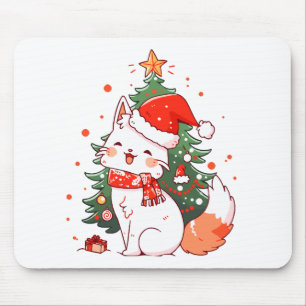 Cute cat wearing Santa hat near Christmas tree Mouse Pad