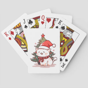 Cute cat wearing Santa hat near Christmas tree Playing Cards