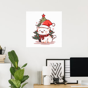 Cute cat wearing Santa hat near Christmas tree Poster