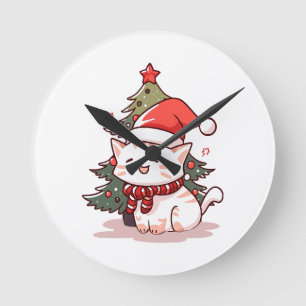 Cute cat wearing Santa hat near Christmas tree Round Clock