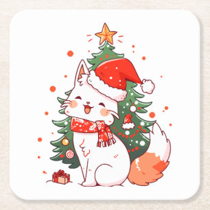Cute cat wearing Santa hat near Christmas tree Square Paper Coaster
