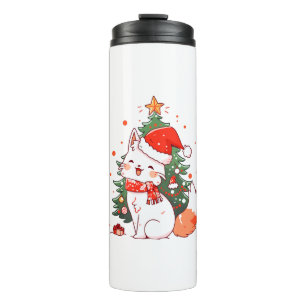 Cute cat wearing Santa hat near Christmas tree Thermal Tumbler
