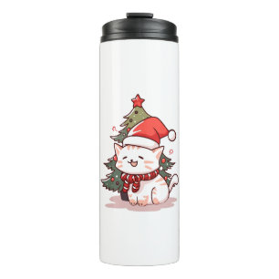 Cute cat wearing Santa hat near Christmas tree Thermal Tumbler