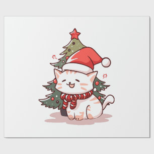 Cute cat wearing Santa hat near Christmas tree Wrapping Paper