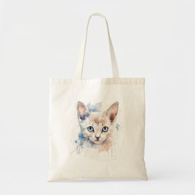 Cute cat white watercolor woman tote bag (Front)