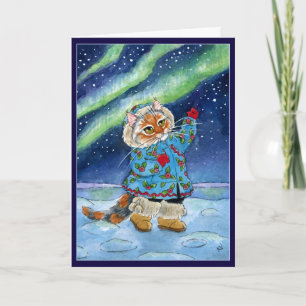 Cute cat, winter, northern lights, funny Christmas Holiday Card