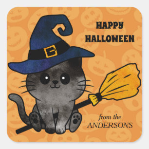 Cute Cat Witch and Broom Halloween Square Sticker