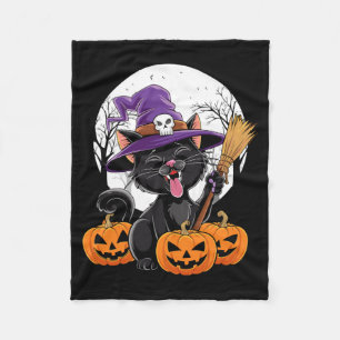 Cute Cat Witch Halloween Pumpkin Black Cat Fleece Blanket