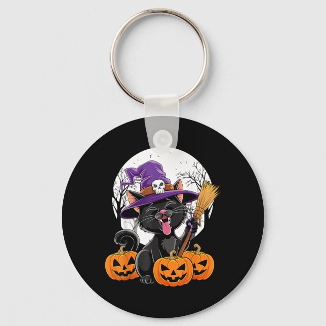 Cute Cat Witch Halloween Pumpkin Black Cat Key Ring (Front)