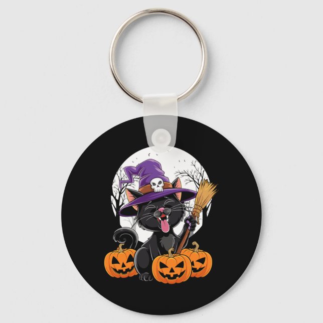 Cute Cat Witch Halloween Pumpkin Black Cat Key Ring (Front)
