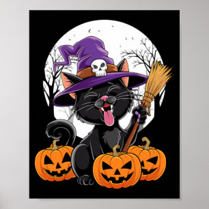 Cute Cat Witch Halloween Pumpkin Black Cat Poster