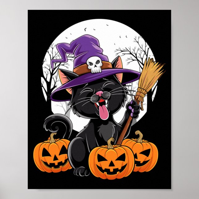 Cute Cat Witch Halloween Pumpkin Black Cat Poster (Front)