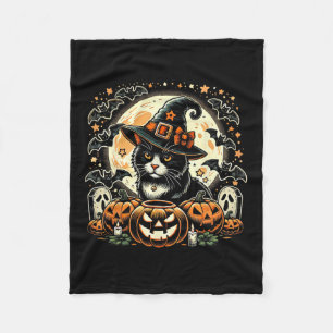 Cute Cat Witch Halloween - Spooky Pumpkin Art Fleece Blanket