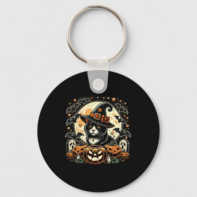 Cute Cat Witch Halloween - Spooky Pumpkin Art  Key Ring (Front)
