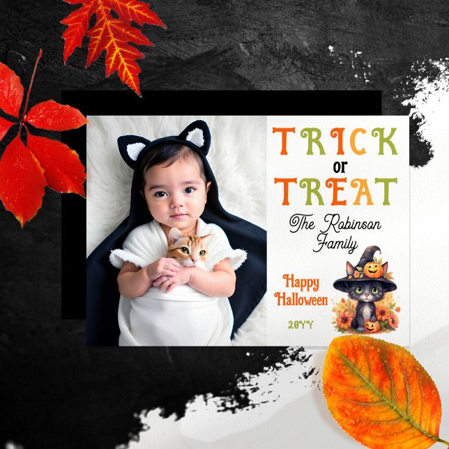 Cute Cat Witch Hat Photo Trick or Treat Halloween Holiday Card (Cute Halloween Family Photo Greeting Card "Trick or Treat" Black Cat in a Witches Hat )