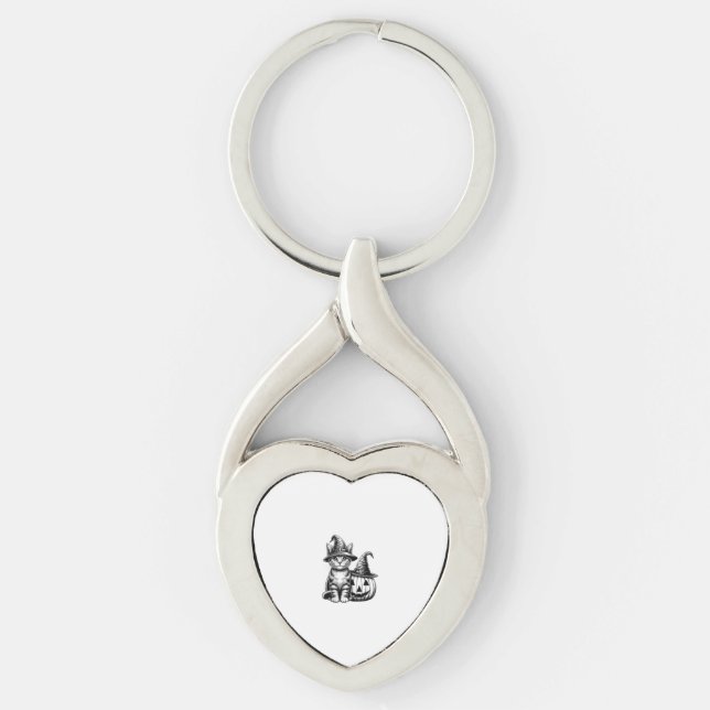 Cute Cat Witch Hat Pumpkin Halloween Cat Lover Boy Key Ring (Front)