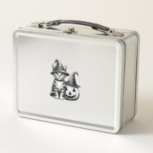 Cute Cat Witch Hat Pumpkin Halloween Cat Lover Boy Metal Lunch Box