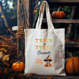 Cute Cat Witch Hat Trick or Treat Halloween Tote Bag