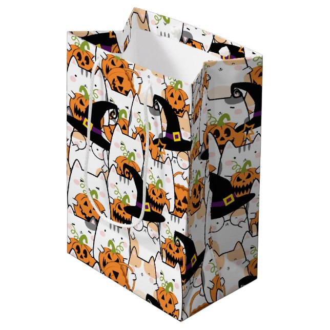 Cute Cat Witch Holding Bumkin Halloween Medium Gift Bag (Front Angled)