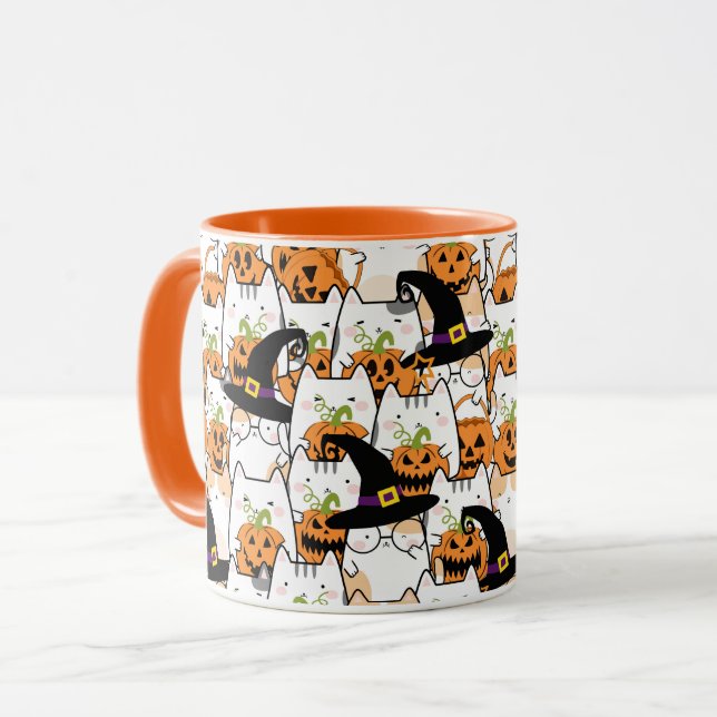 Cute Cat Witch Holding Bumkin Halloween Mug (Front Left)