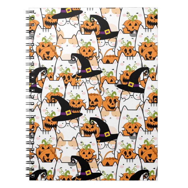 Cute Cat Witch Holding Bumkin Halloween Notebook (Front)