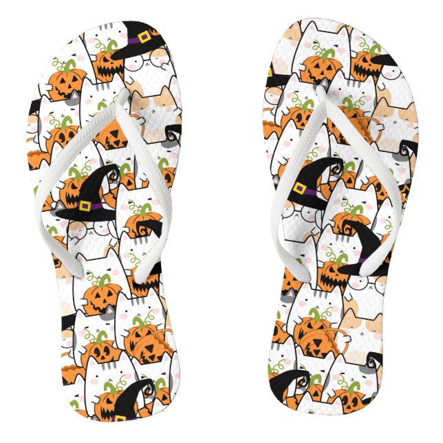 Cute Cat Witch Holding Bumkin Halloween Thongs (Footbed)