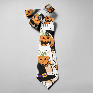 Cute Cat Witch Holding Bumkin Halloween Tie