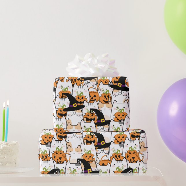 Cute Cat Witch Holding Bumkin Halloween Wrapping Paper (Party Gifts)