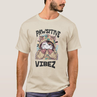 Cute Cat with a Hoodie: 'PAWSITIVE VIBEZ design T-Shirt