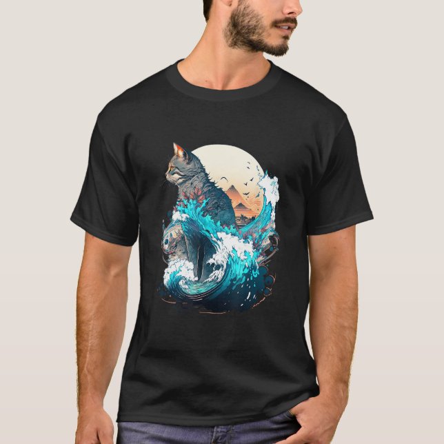 Cute Cat with a ocaen wave Illustration 1 T-Shirt (Front)
