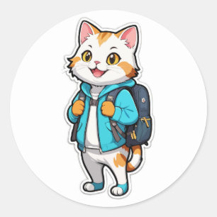 Cute Cat with Backpack Sticker - Back to School