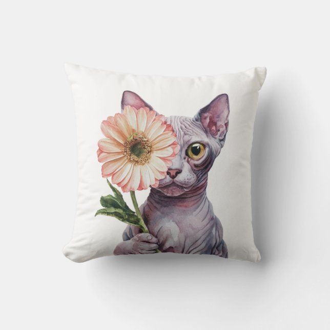 Cute Cat with Big Flower| Adorable Sphynx Cat Cushion (Front)